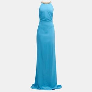 Oscar De La Renta Crystal Embroidered Open-Back Cady Gown Blue Long Dress